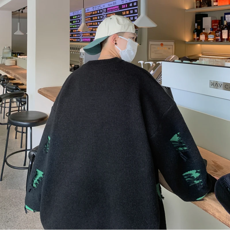 남성용 루즈한 뜨게 풀오버, 캐주얼 데일리, 따뜻한 O넥, 닳은 십대, 일본 스타일, 커플 패션, 하이 스트리트, 가을, 겨울