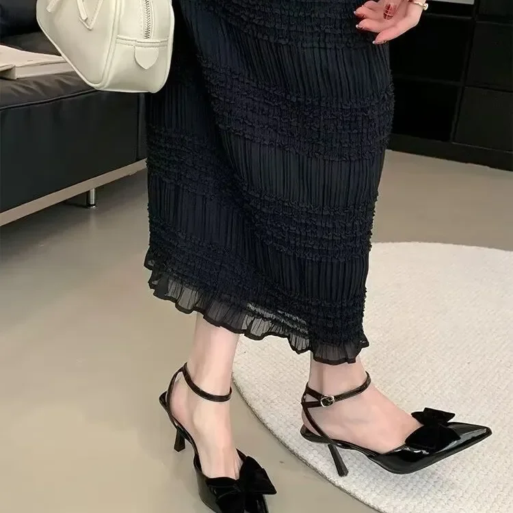 2025 Velvet Bowknot Partent Leather Ankle Strap Women Pumps Pointed Toe Stiletto High Heels Slingbacks Sandals Shoes For Woman 3
