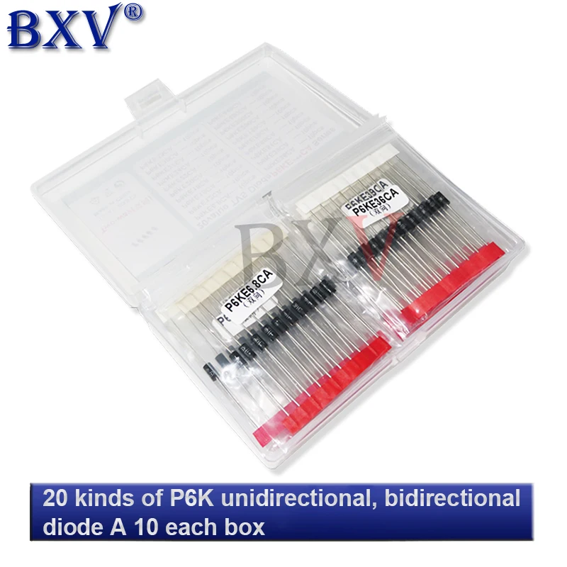 20 Valori 200 Pz/Set Kit Diodo Transistor Tvs P6Ke6.8A/Ca 12/15/18/20/22/24/27/30/33/36/39/51/68/75/150/200/300/400/440/A/Ca