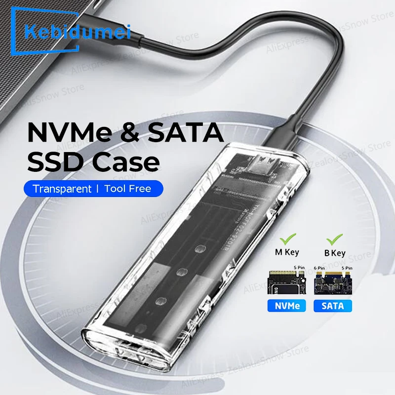 M.2 NVME PCIe Protocol NGFF SATA SSD Case Clear USB Type C 5/10Gbps PCI-E M2 SSD Transparent External Enclosure Hard Disk Box