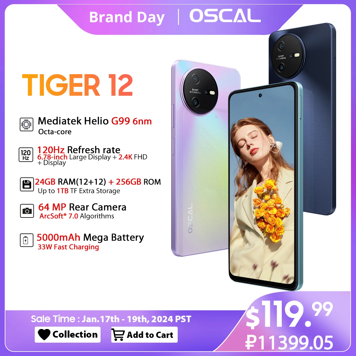 OSCAL-Smartphone TIGER 12, teléfono móvil con Android 13, Helio G99, pantalla de 6,78 pulgadas, 120Hz, 2,4 K, 24GB, 256GB, 64MP, estreno mundial