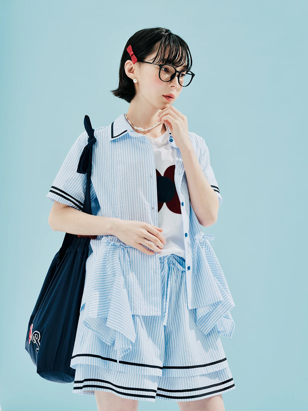 imakokoni-original-design-short-sleeved-striped-cardigan-with-bow-lapel-shirt-for-women-244603