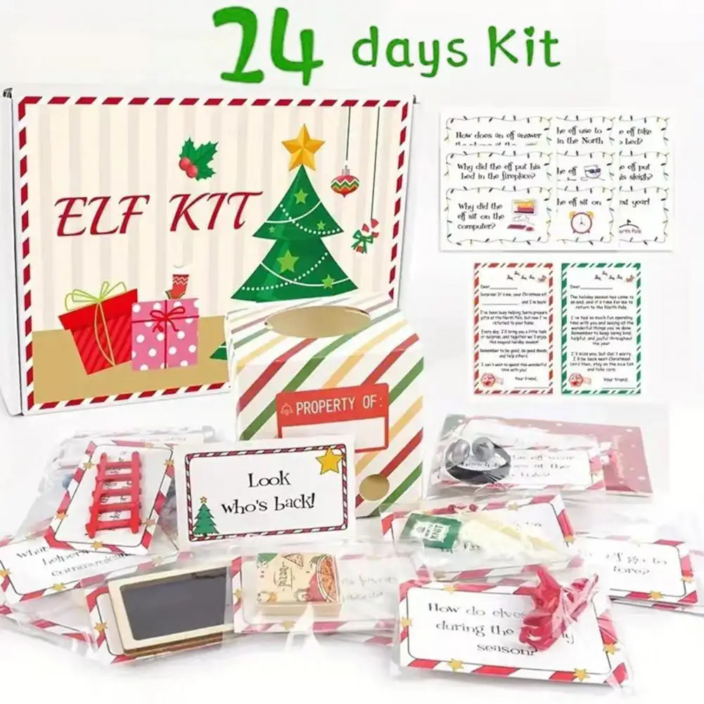 24 Days Christmas Elf Kit Countdown to Christmas Elf Adventure Prop Holiday Ladder Blackboard Greeting Card Toys Set