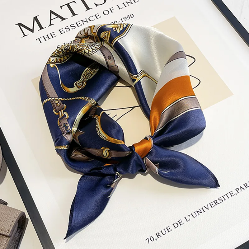 

New Orange Blue Contrast Color Square Towel All-Match Mulberry Silk Thin Korean Small Scarf