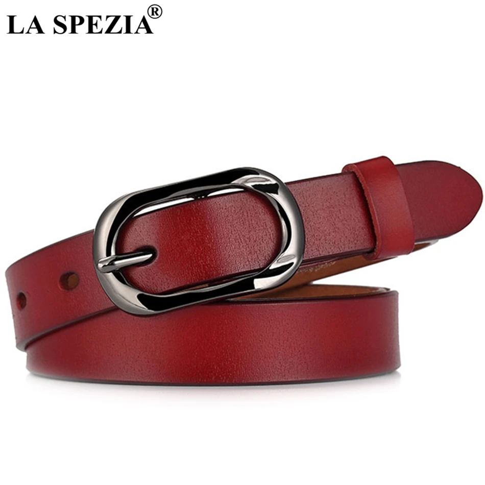 LA SPEZIA Genuine Leather Belt Women Burgundy Pin Belt Female Vintage Brand Real Leather Ladies Classic Italian Belt For Jeans