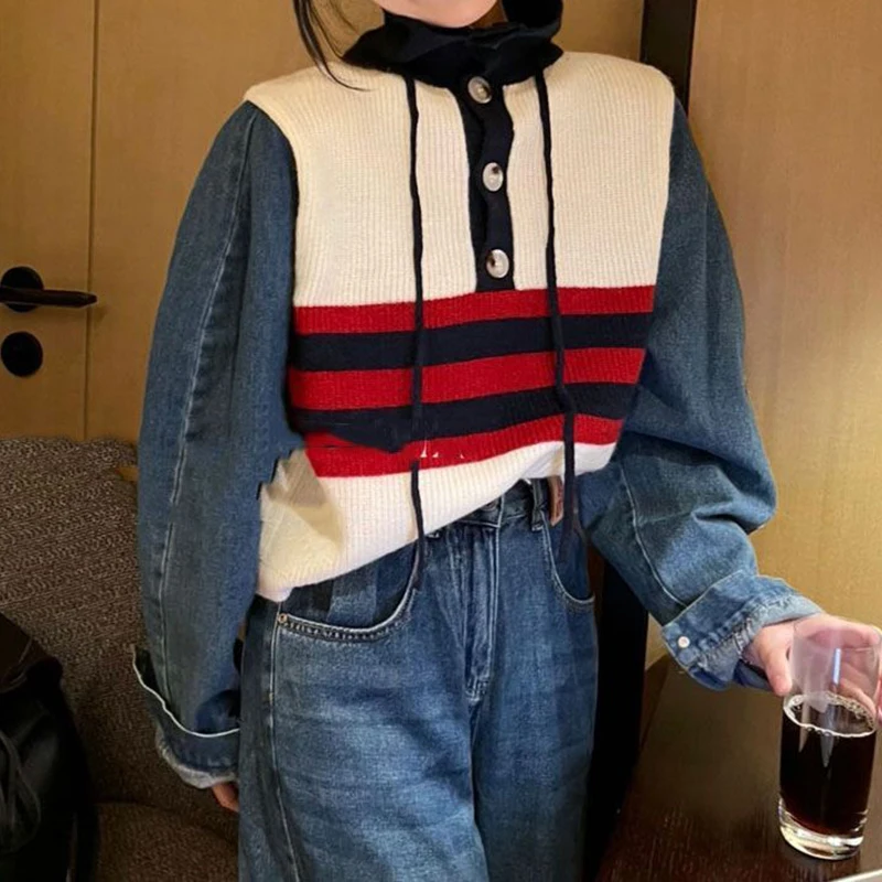 2022 autumn and winter new denim sleeve patchwork horizontal stripe minority knit women's loose design sweater  winter clothes