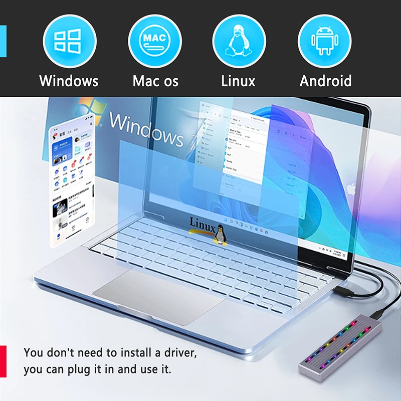   SSD ̽ NVME M.2 SATA SSD Ŭ, RGB LED USB C 3.2 Gen2 NVMe NGFF 10G PCIe M2 SSD ޴ ܺ , PCIe