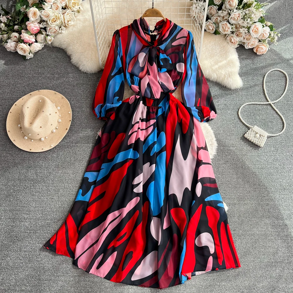 

VANOVICH Temperament Lantern Sleeve Bow Tie Waist Slim A-line Dress Korean Style Summer New Elegant Big Swing Chiffon Long Dress