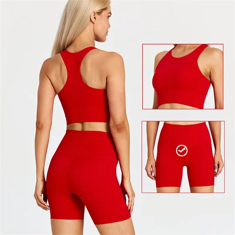 

2pcs Summer Seamless Yoga Shorts Set Top Women Gym Clothes Sport Suits High Waist Soft Shorts Fitness Bra Running Workout Outfit