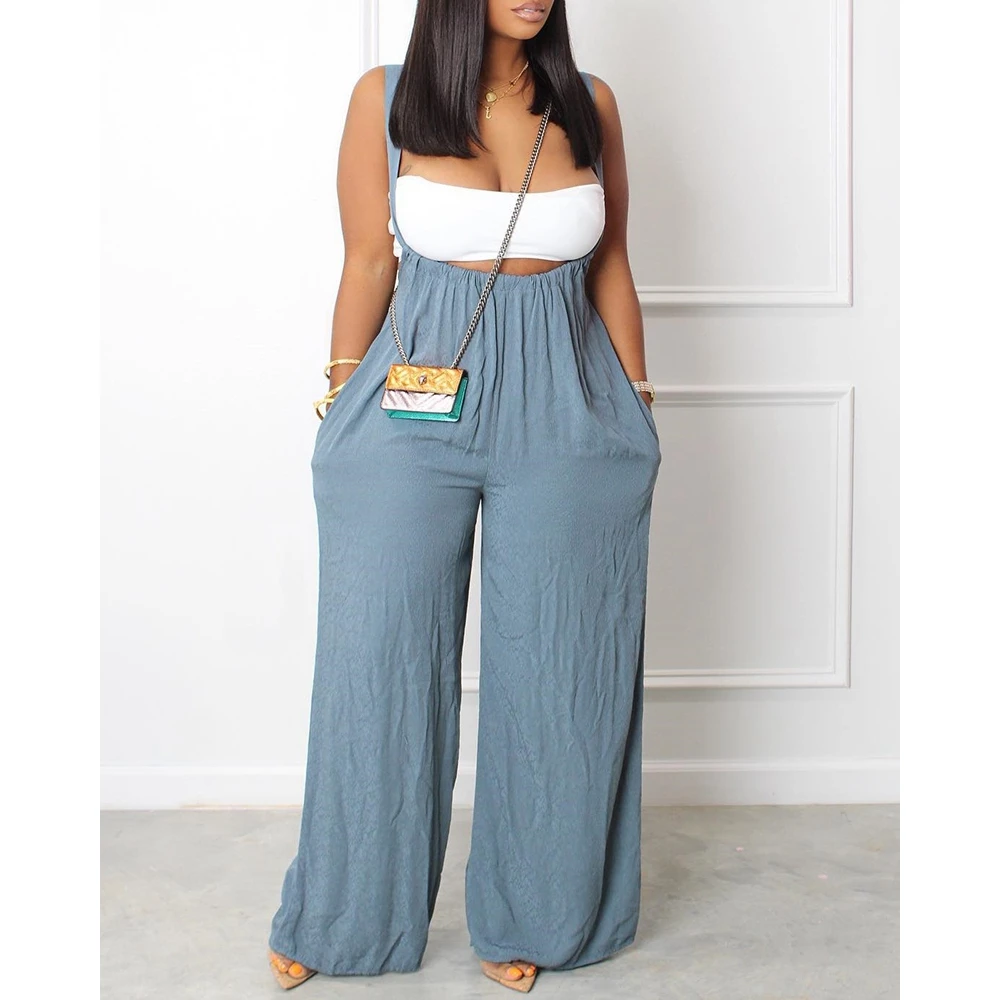 

Autumn Women's Pocket Design Wide Leg Suspender Jumpsuits 2022 New Femme Casual Asymmetrical Neck Ladies Elegant Jumpsuit Office