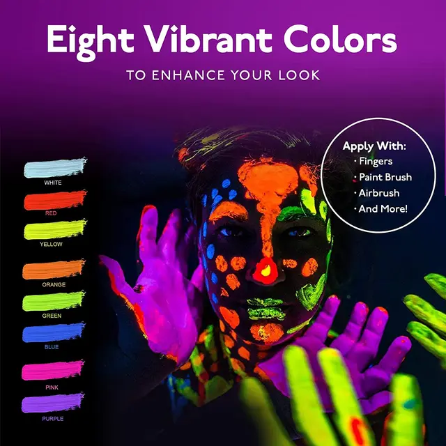 Pintura corporal de neón de CRAFT UV, juego de 8, maquillaje de neón de luz  negra, 5.5 onzas líquidas, pintura corporal Neon Black Light Bodypaint