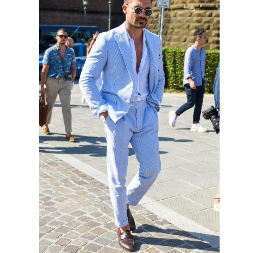 남성용 슬림핏 정장 세트, 더블 브레스트 웨딩 신랑, 핀스트라이프 노치 라펠, 블레이저 및 바지, 2 피스 