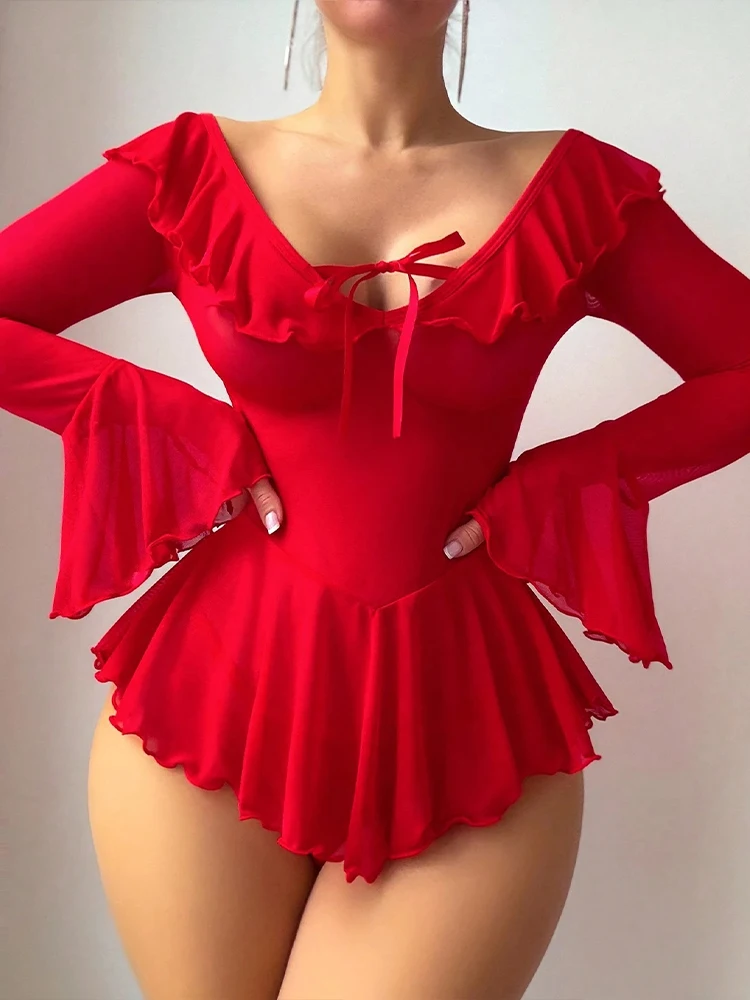 Sexy Hot Dessous Frauen Flare Sleeve Bodysuit Rüschen Nachtwäsche Erotische Babydoll Unterwäsche Exotische Kleidung Durchsichtiges Kleid 1