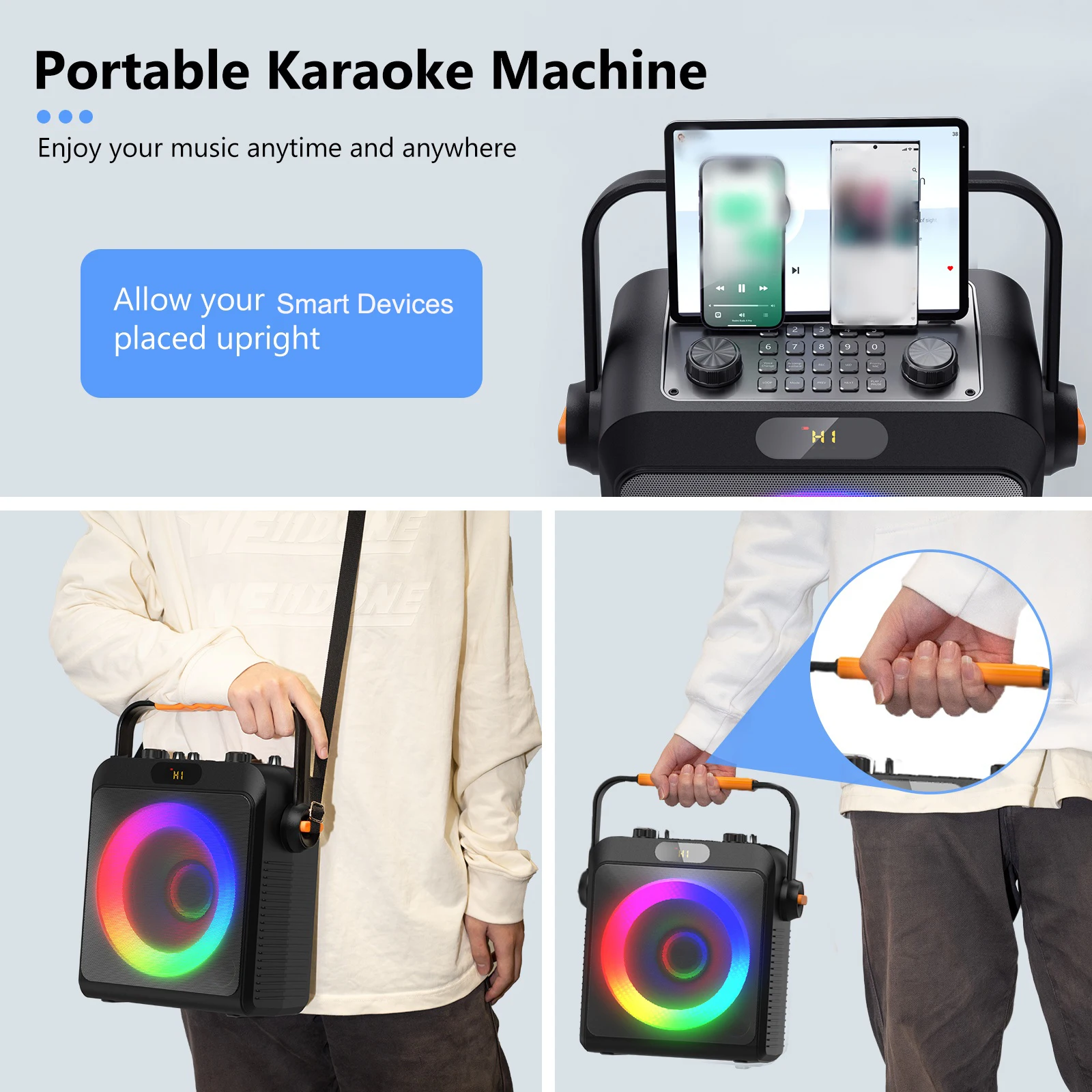 T19-T Karaoke machine with 2 wireless microphones black Karaoke speakers with bass/treble adjustment