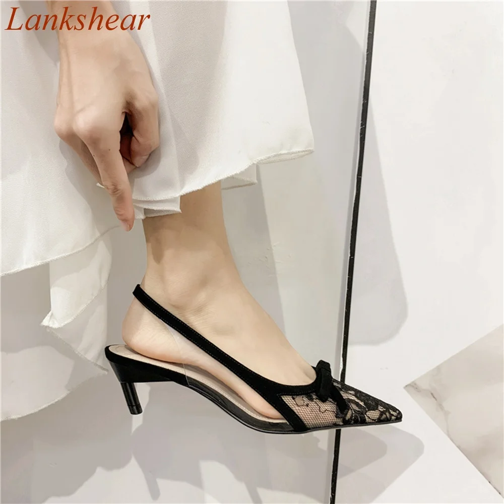 

Pointed Toe Mesh Kitten Heel Women Pumps Shallow Fashion Sexy Black Butterfly Knot Spring Slip On Women Shoes 2024 New Arrivals