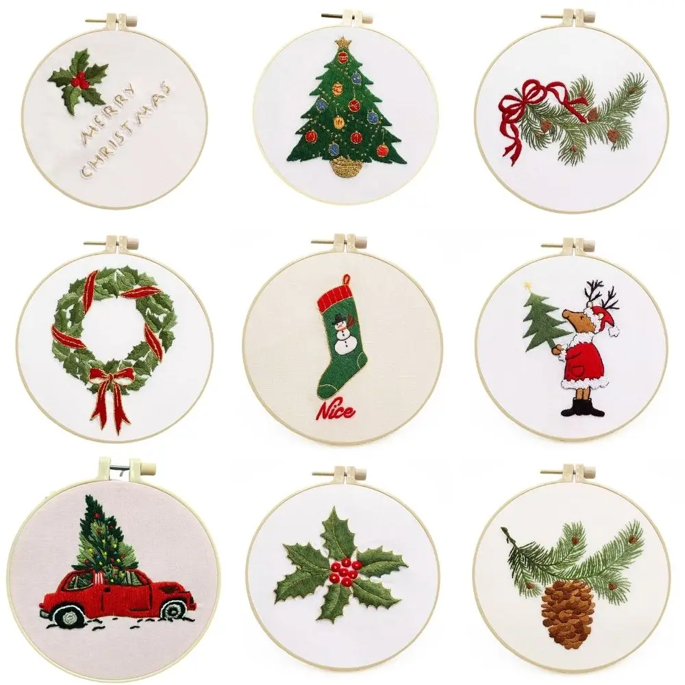 DIY Plants Christmas Pattern Embroidery Kit Needlework Tools Beginner Round Sewing Craft Set with Hoop Room Decor Christmas Gift