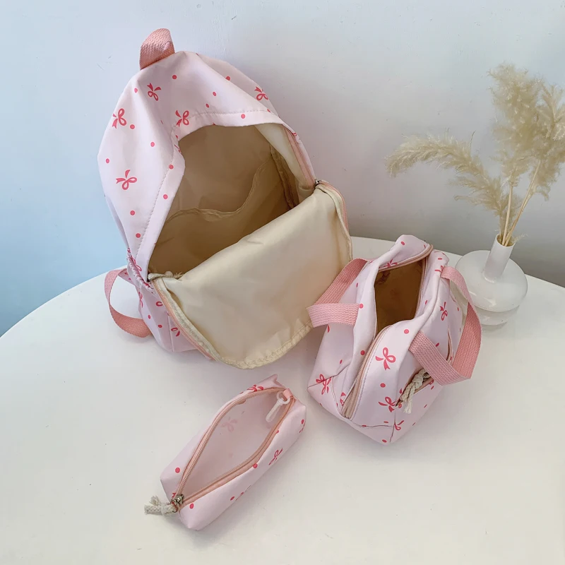 3Pcs Kawaii Nylon Backpack with Handbag & Pencil Case All-Match School Bag Bowknot Printed Cute Bowknot Backpack Trip Backpack 4