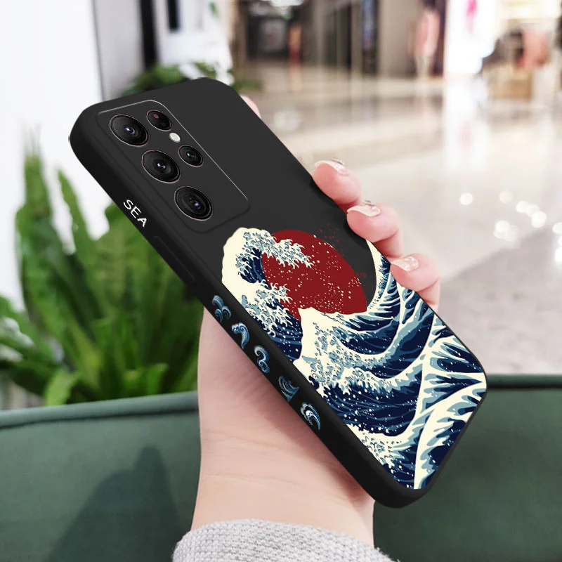 Red Sun Sea Waves Phone Case - Artistic Design Cover