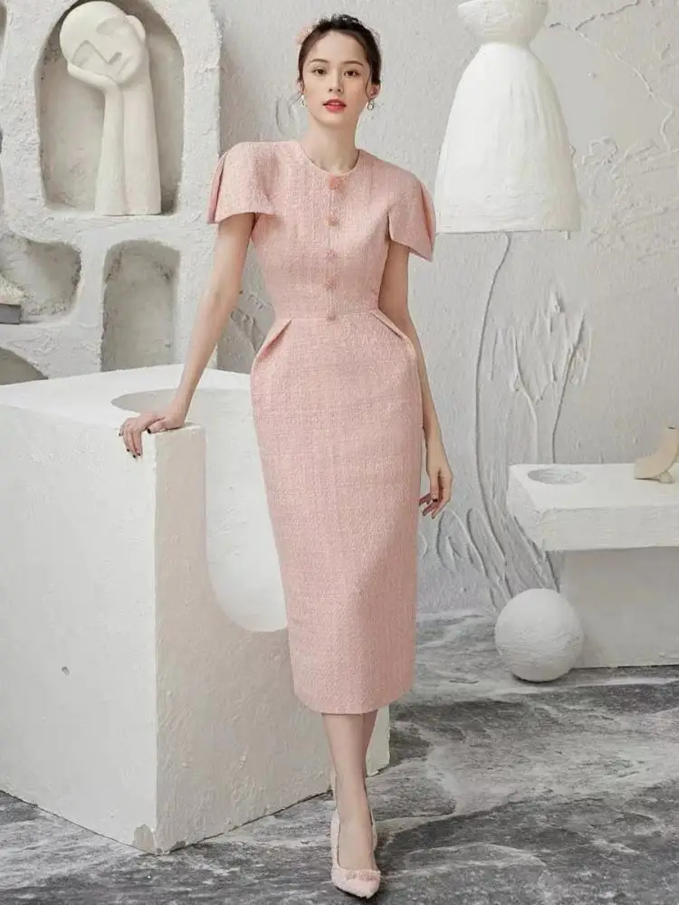 

2024 Spring Summer New Tweed Women Pink Dress O Neck Short Sleeve Temperament Beaded Spliced Party Dresses Female Clothing Chic