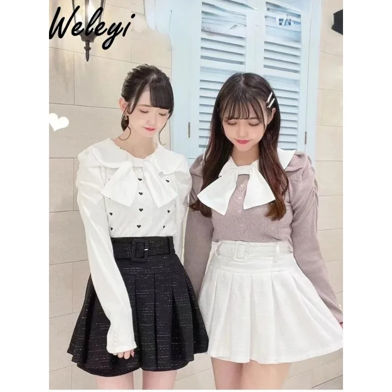 

Sweet Women's Lolita Sweater Female Japanese Knitwear 2024 Spring Autumn New Cute Long Sleeve Love Embroidery Bow Sweaters