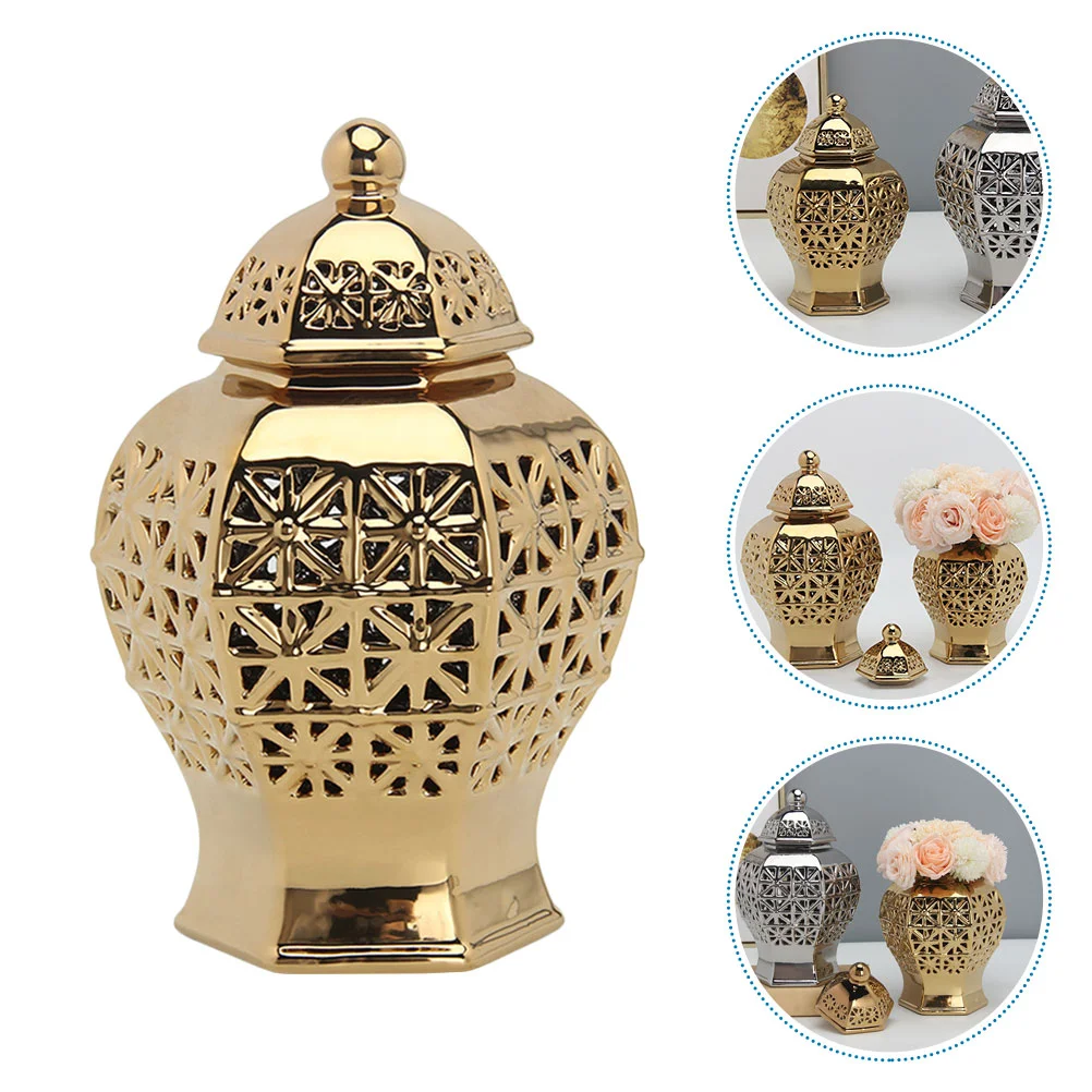 

Ceramic Ginger Jar Hollow Out Jar Decorative Temple Jar Modern Garlic Keeper Handicraft Porcelain Flower Vase Home Office