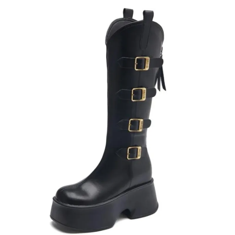 

High Quality Winter 11CM Genuine Leather Motorcycle Boots Autumn Zip Fashion Puck Women Booties Knee High Platform Wedge Shoes
