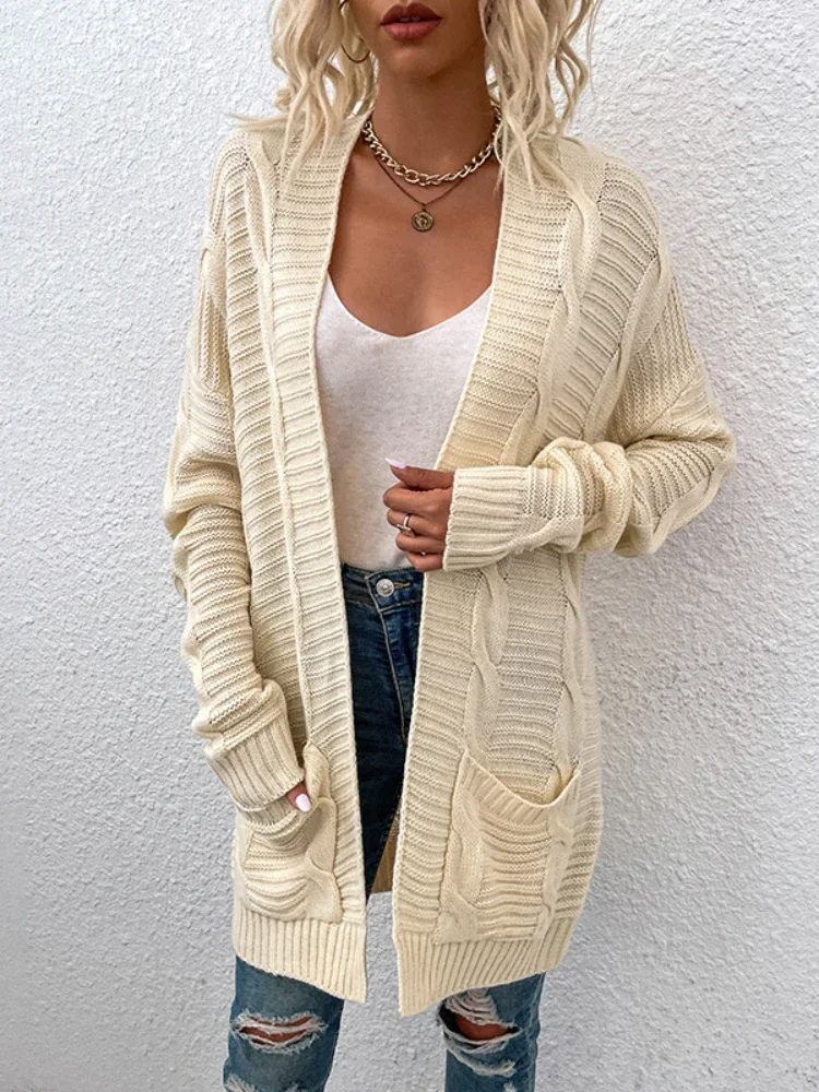 

Cardigan Autumn and Winter New Fried Dough Twists Mid Long Cardigan Solid Color Without Buttons White Black Grey Women Cardigan