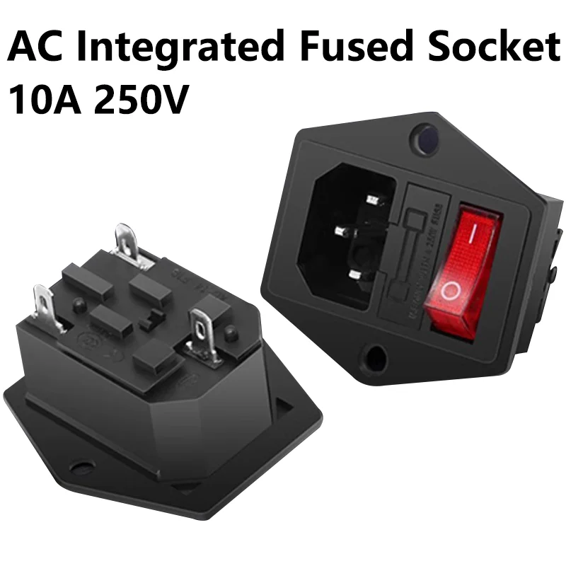 AC-01A-1 Electrical Power Socket KCD3 Rocker Switch Brass 10A Inlet Plug Connector 250V Computer Mount Outlet With Fuse
