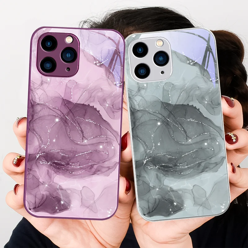 

Watercolor Night Mist Black for Iphone 14 13 12 11 Pro Max X XS XR 7 8 Plus 2020 SE Black Metal Coated Tempered Glass Phone Case