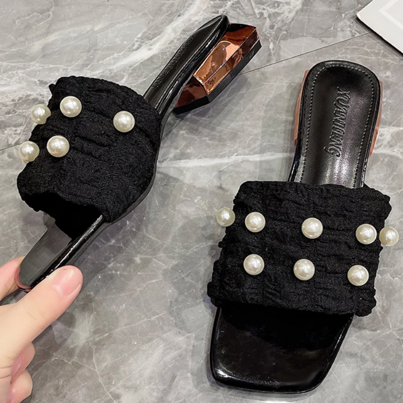 

Women Slippers Transparent Square Heels Slides Women Peep Toe 2023 New Summer Pearl Slippers for Women Elegant Shoes Zapatos