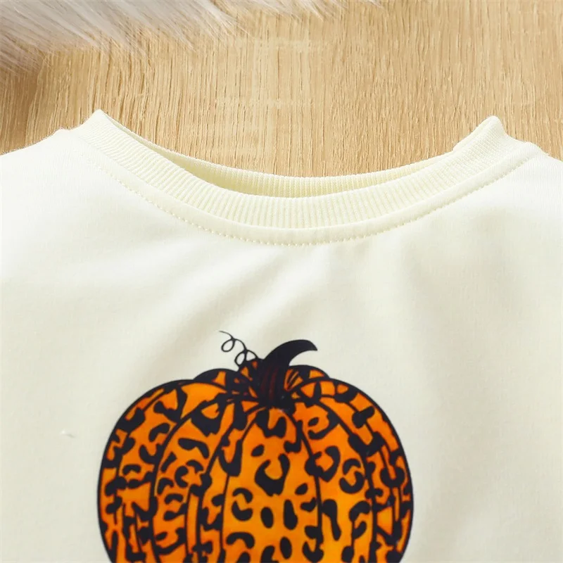 

Baby Girls Casual Crewneck Romper Long Sleeve Letter Leopard Pumpkin Print Halloween Clothes