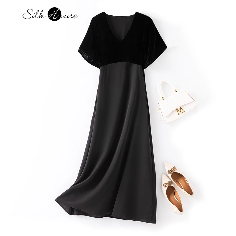 Women's Fashion New Design Sense Silk Velvet Dress V-neck Flare Sleeve Temperament Long Dress Natural Mulberry Silk Slim Dress