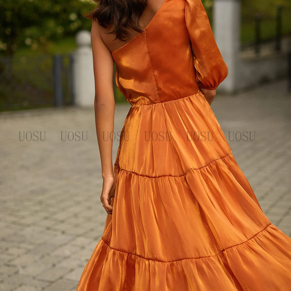 Cocktail Dress Sparkly A Line One Shoulder Half Sleeve Short Orange Tea Length Midi Wedding Party Dresses