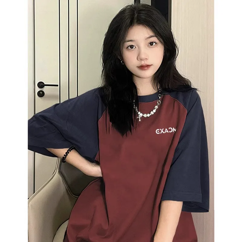 

Женские футболки 2024, летняя повседневная Свободная Женская футболка с буквенным принтом, топ в Корейском стиле с цветными блоками y2k, Готическая футболка, одежда в стиле Харадзюку