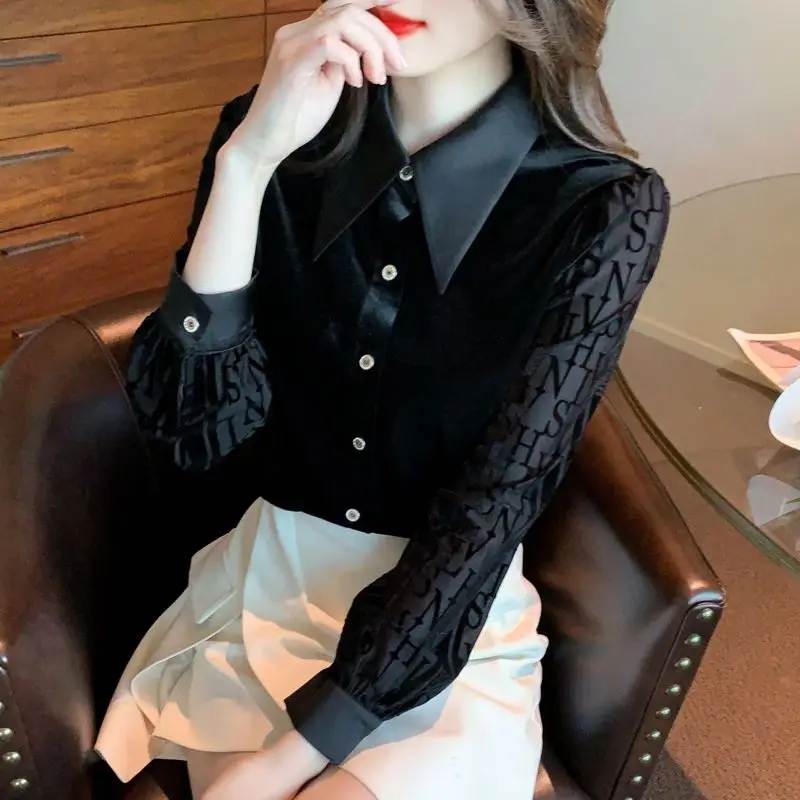 

Female Tops Spring and Autumn Black Full Long Sleeve Women's Shirt Blouse Button Up Elegant Social Youthful Luxury High Quality