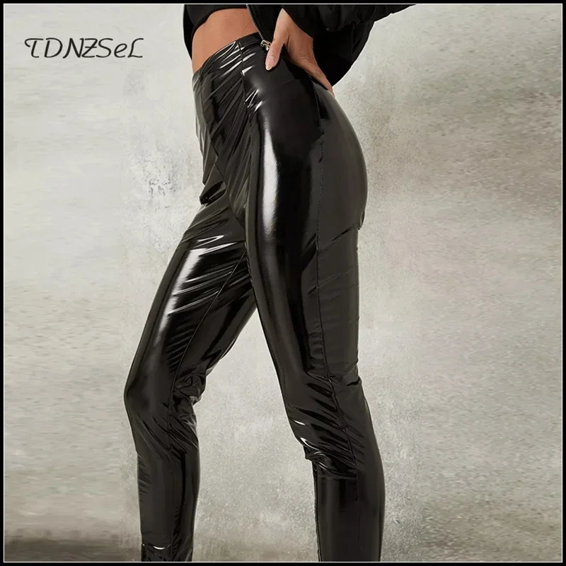 Black Sexy PU Pencil Pants Women Faux Latex Leather Skinny Leggings Hem Split Office Lady Bodycon Trousers Spring Casual Custom