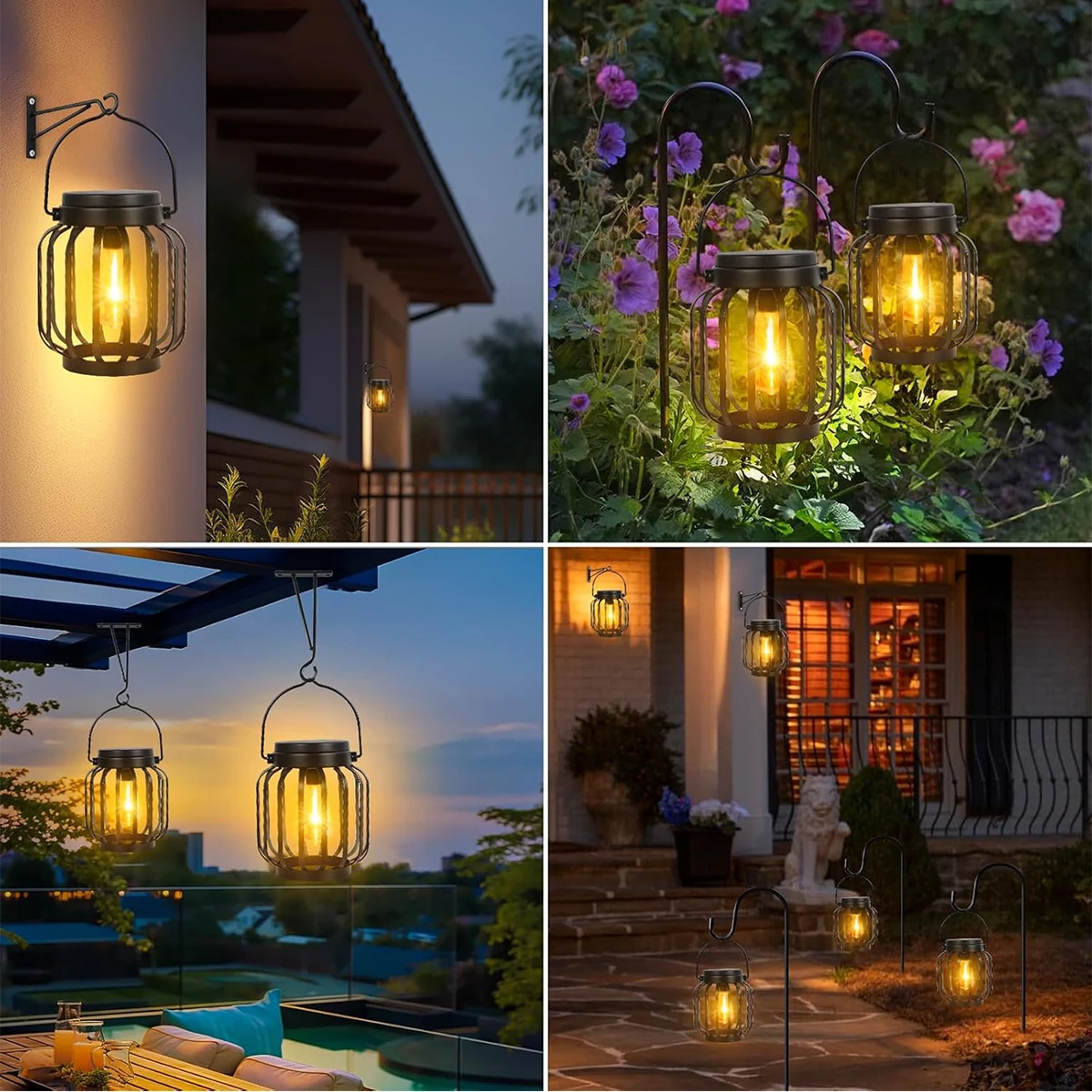 Solar Garden Lights Outdoor Hanging Waterproof Metal Solar Lanterns Edison Light Bulb Wall Mount Kit Yard