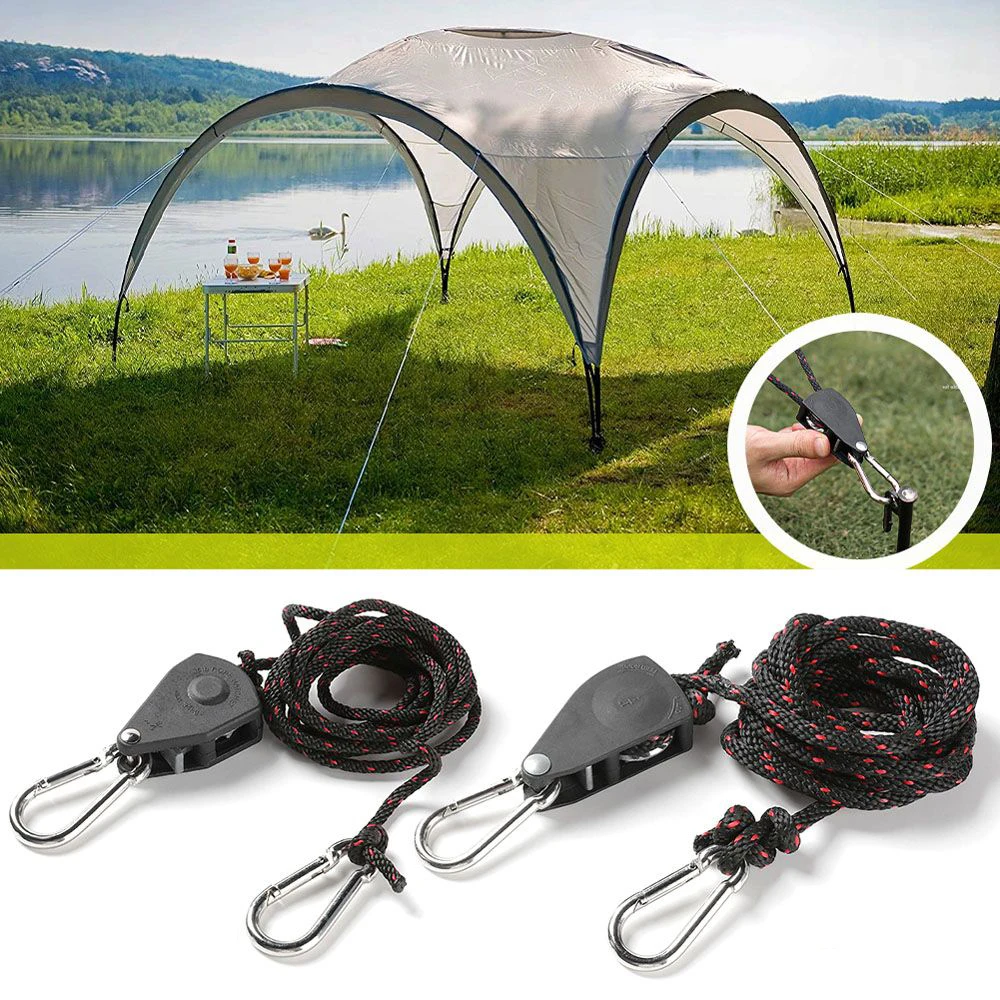 Outdoor Camping Tent Tie Down Rope Heavy Duty Tightener Fastening Wind Rope Buckle Pulley Ratchet Awning Rope Hook Adjustable 6