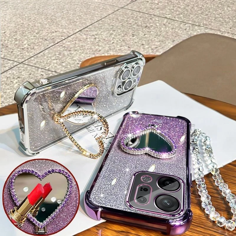 Glitter Love Mirror Case with Crystal Bracelet & Stand - Shockproof Protective Cover