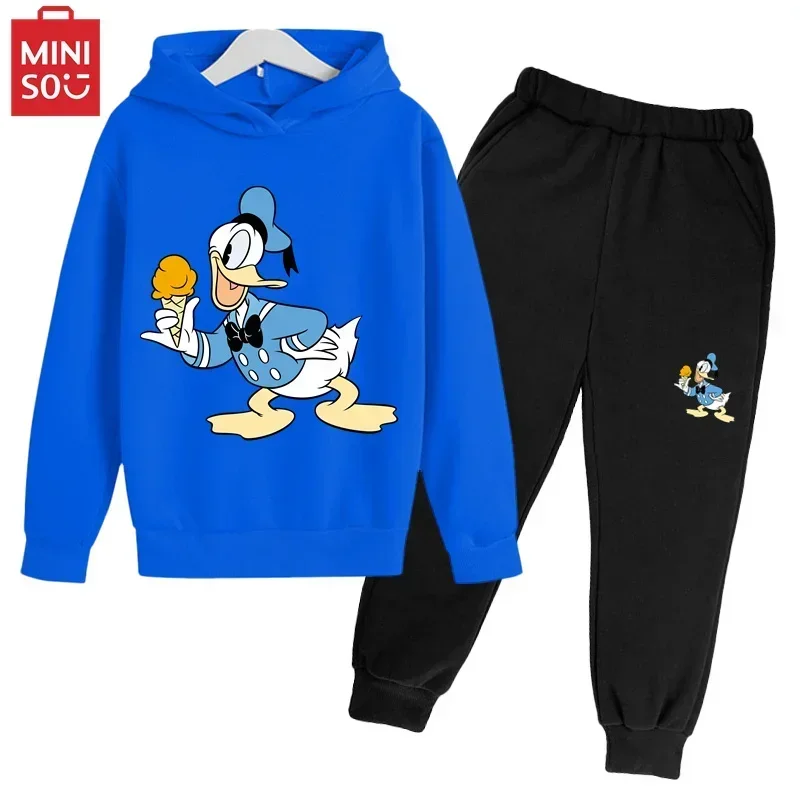 

Disney Mickey Mouse Cartoon Print Spring 2 Piece Suit Kids Hooded Shirt Elegant Sports Anime Long Sleeve Pants Boy Girl Clothes