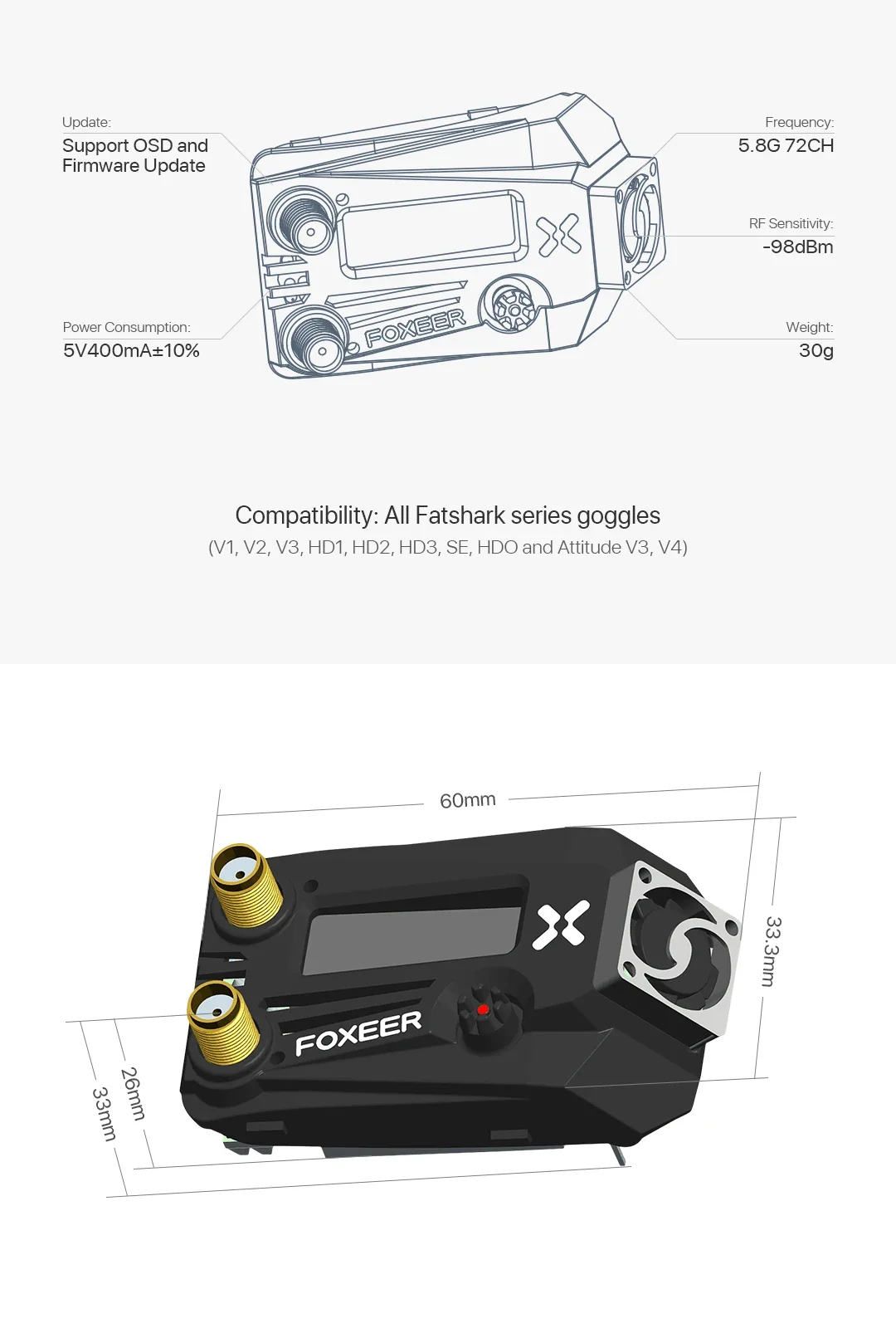 Foxeer Wildfire FPV Fatshark ゴーグル受信機