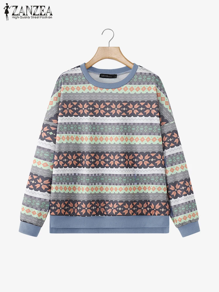 ZANZEA Streetwear Daily Wear Outfits Women Geometric Print Sweatshirt Casual Long Sleeve Pullover Autumn O Neck Comfortable Tops 2