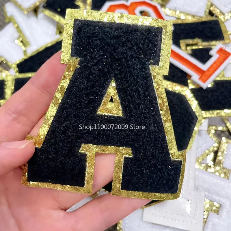 5.5CM Chenille Black Letters Patches Iron on Towel Embroidered Felt  Alphabet Glitter Sequin Heat Adhesive Applique DIY Accessory