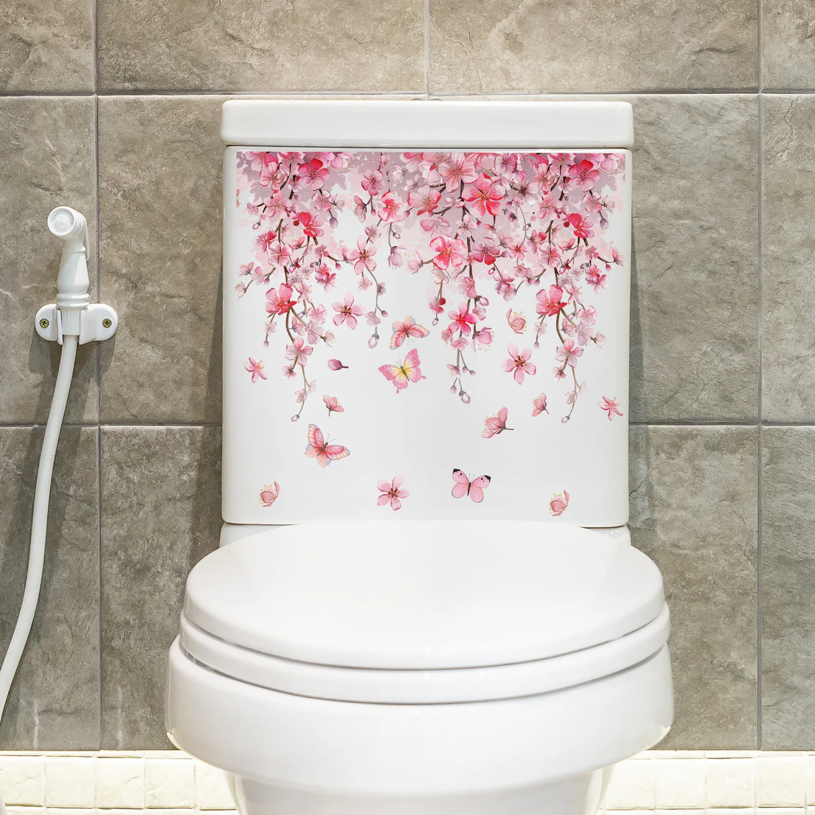 1pc Pink Vine Flower Toilet Stickers Removable Tile Stickers for Restroom Renovation and Home Decor