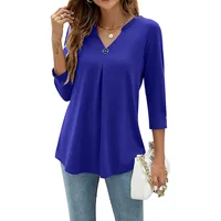 2024 Spring Autumn Women T-shirt V Neck 3/4 Sleeve Pin Decor Pleated Hem Solid Color Slim Fit Tunic T-shirt Tops Blouse - Image 3