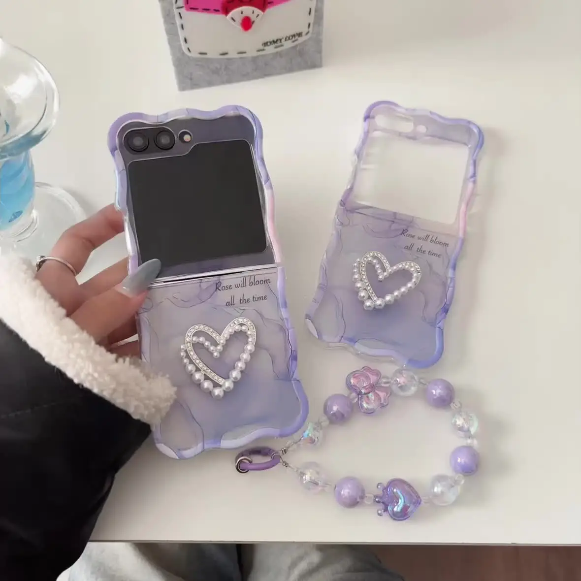 Чехол-браслет Cute Love для Samsung Galaxy ZFlip5 4 3 6 Flip6 волнистая прозрачная крышка kawayii с