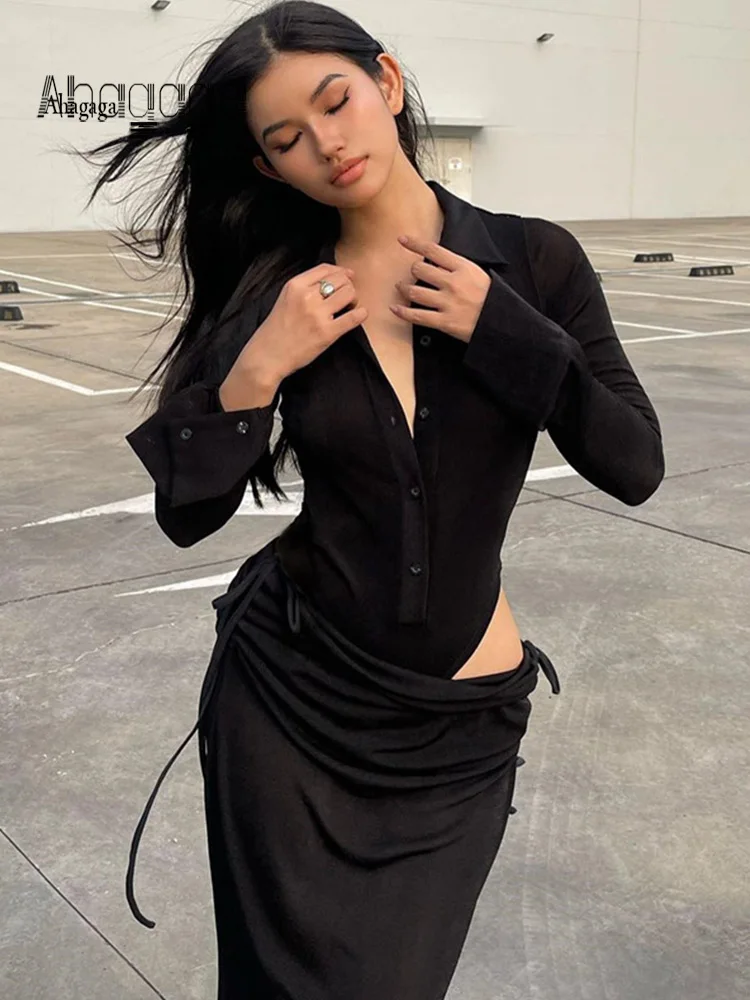 

Сексуальные костюмы Ahagaga, женские модные уличные костюмы, повседневные однотонные облегающие спортивные костюмы (боди + юбка), облегающие с длинным рукавом