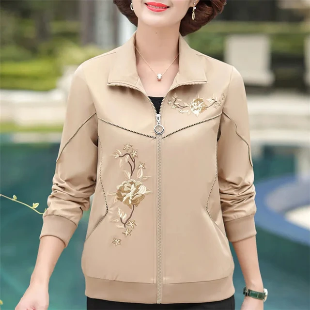 Embroidered Coat Women's 2023 New Spring Autumn Ladies Jacket Fashion Mom  Loose 5XL Elegant Jackets Khaki Zipper Outwear Top - AliExpress