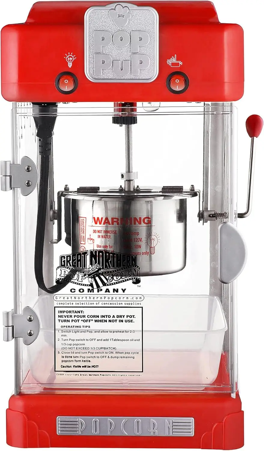 Pup Popcorn Machine-2.5oz Popper with Stainless-Steel Kettle, Serving Tray, Warming Light and Accessories by Great Norther