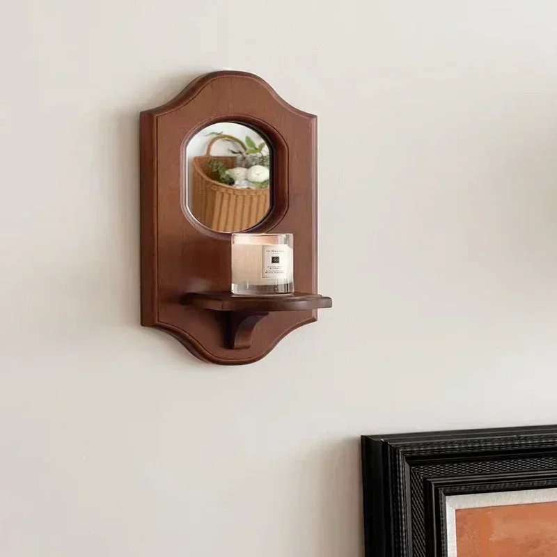 Vintage Solid Wood Wall Mirror with Shelf & Candle Holder 1